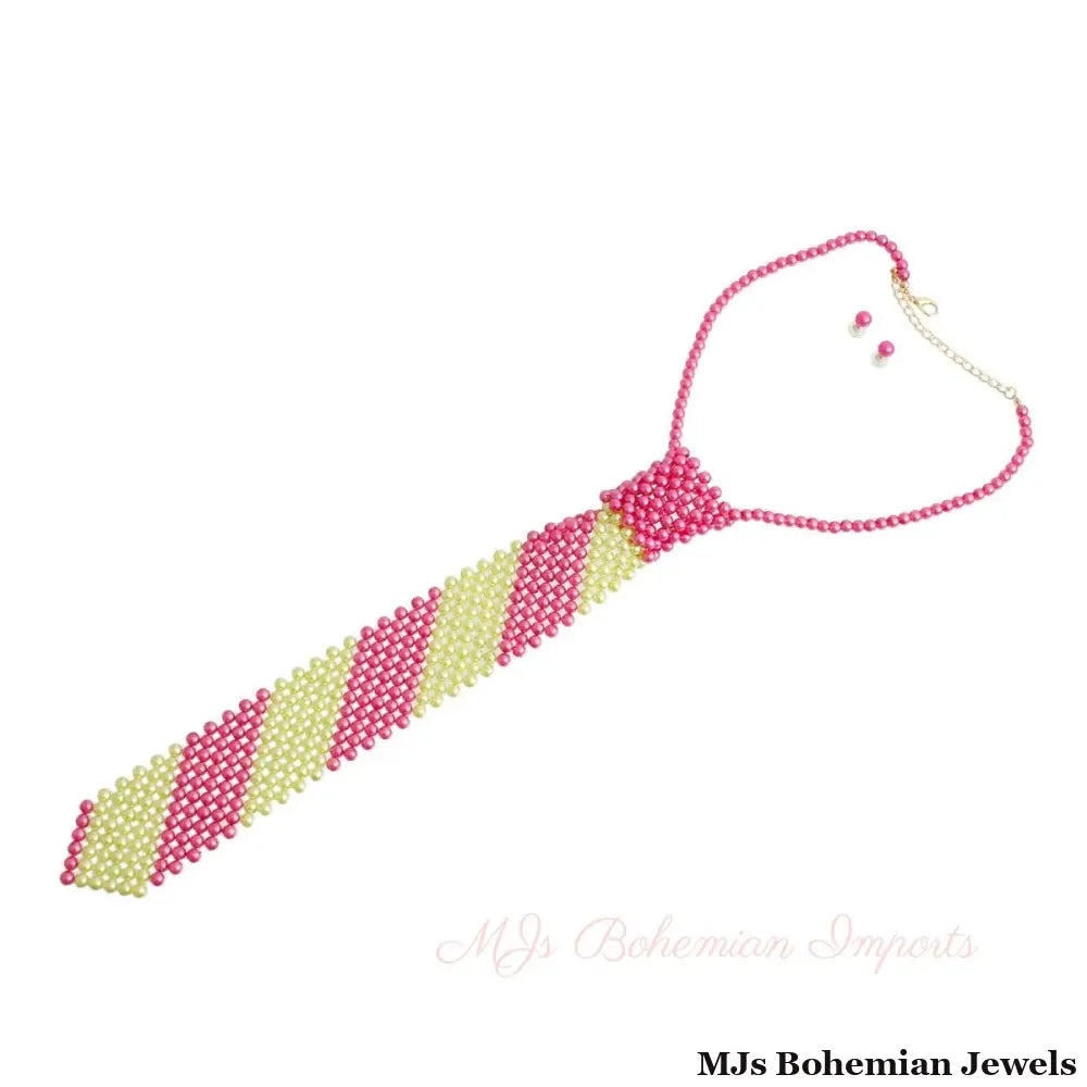 Pink Lime Pearl Stripe Tie Choker