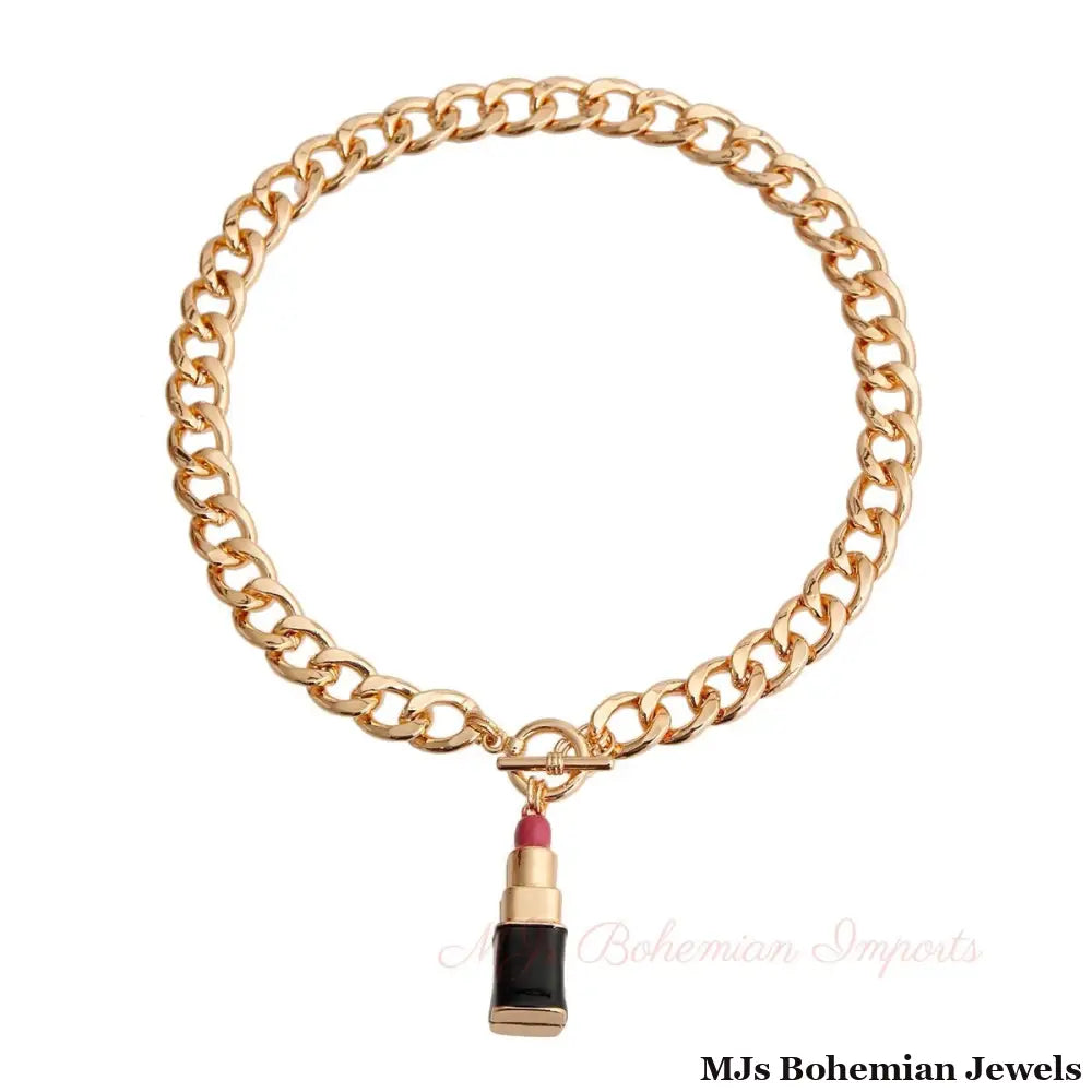 Pink Lipstick Charm Necklace