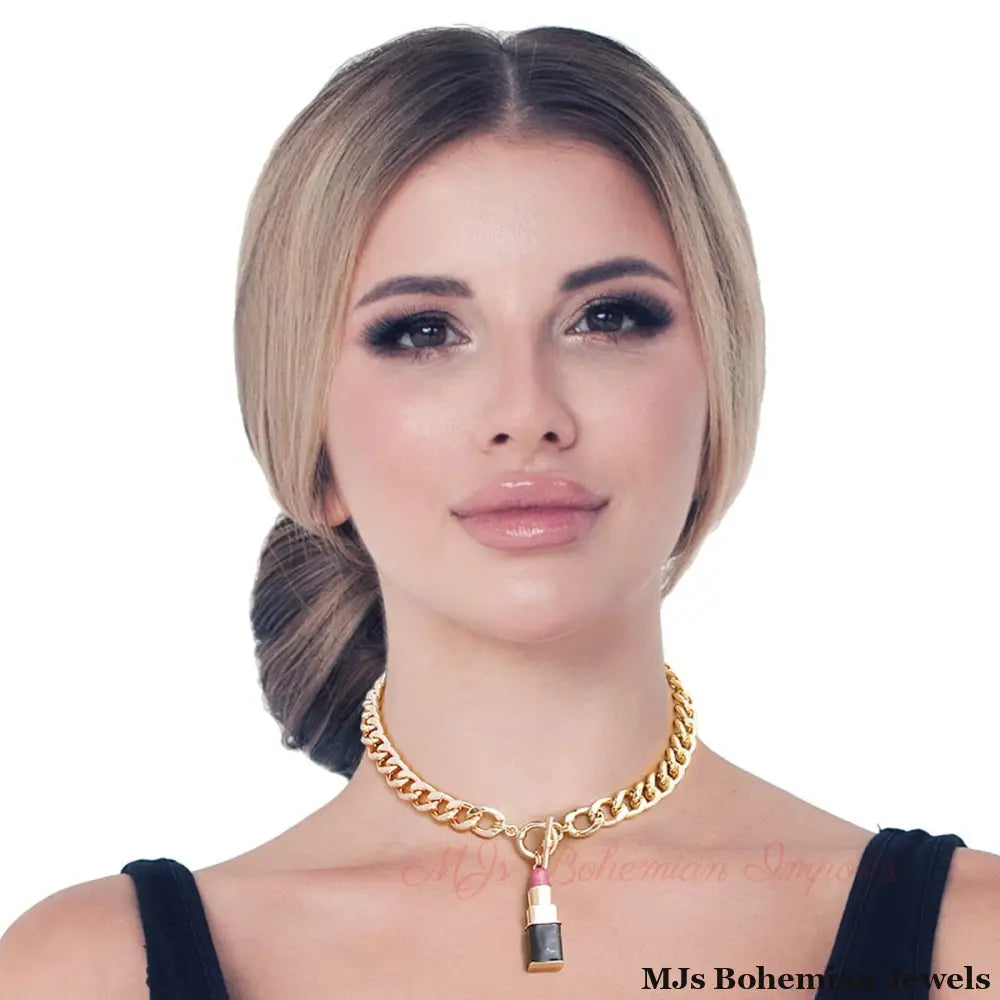 Pink Lipstick Charm Necklace