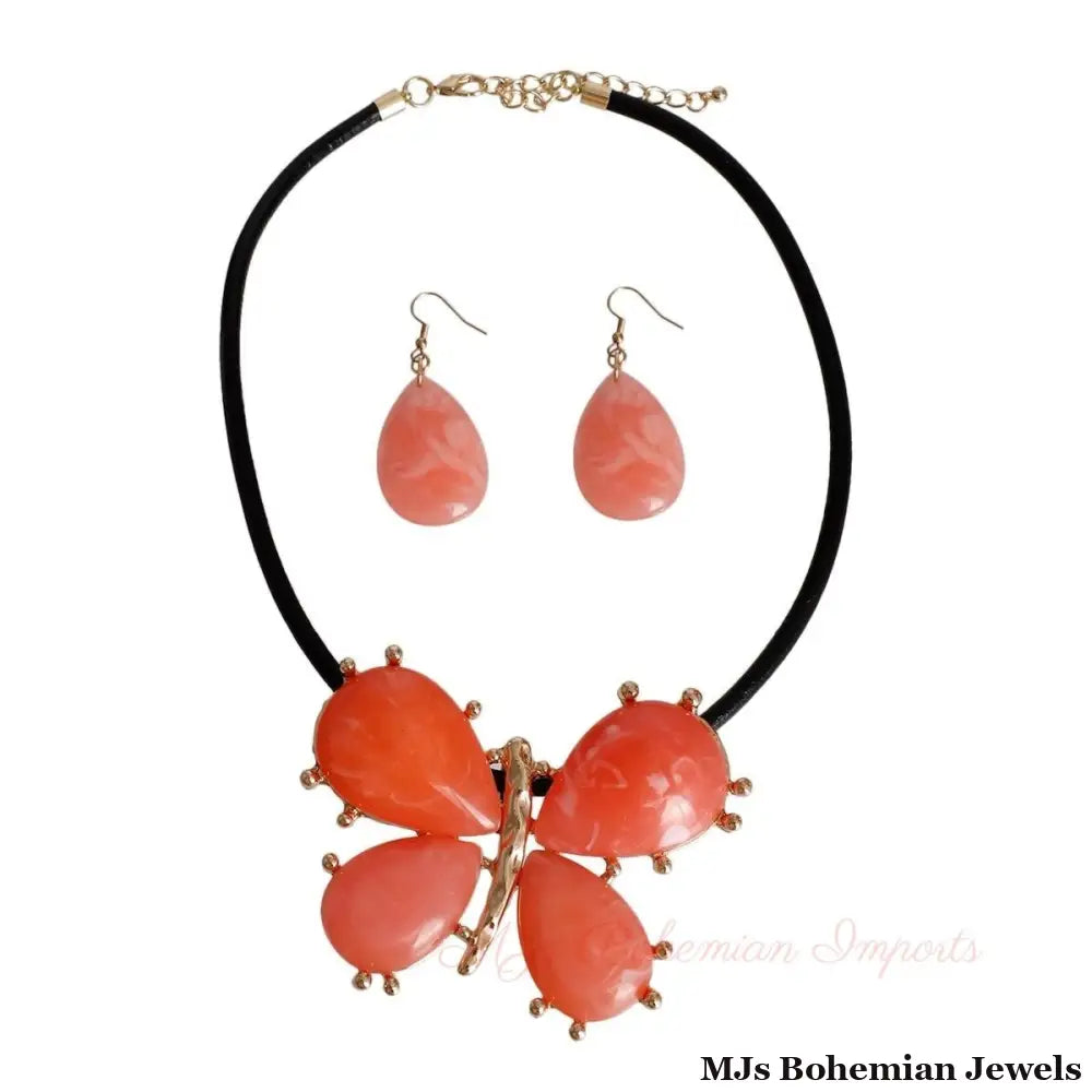 Pink Marbled Butterfly Pendant Set