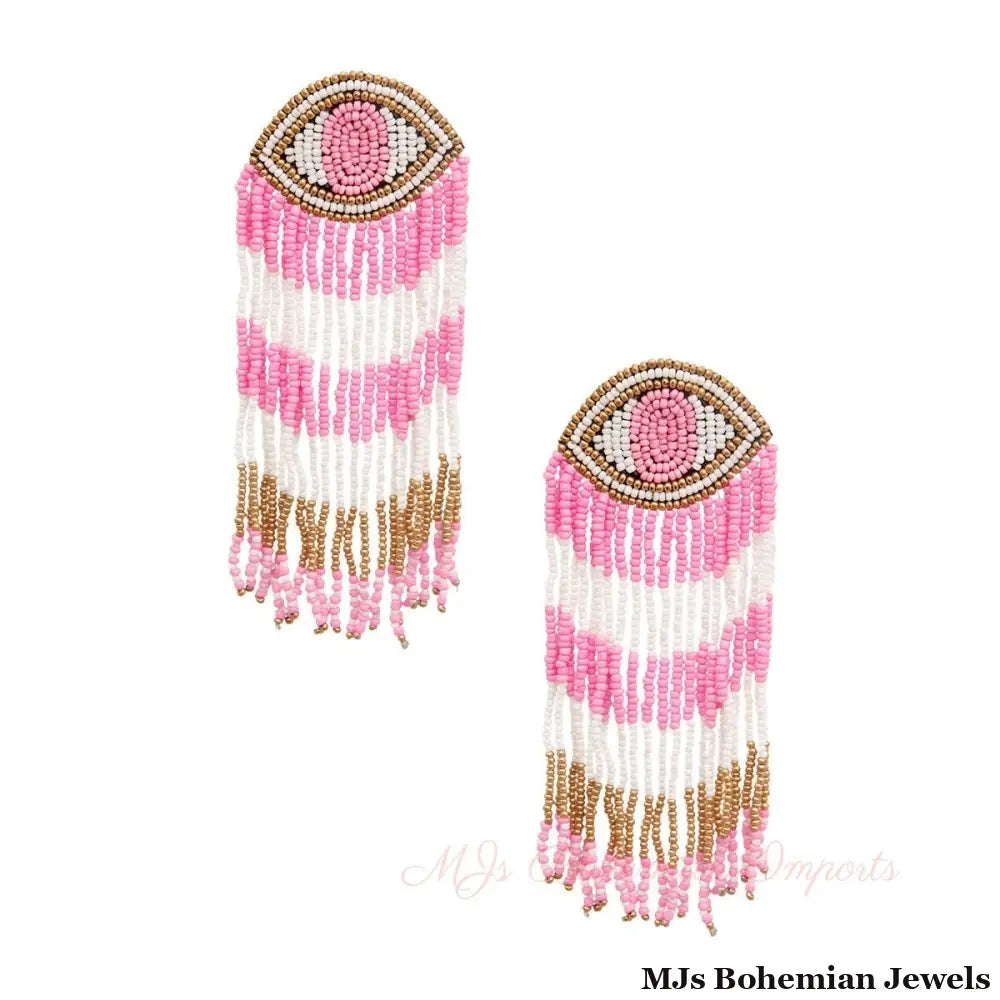 Pink Seed Bead Evil Eye Fringe Earrings