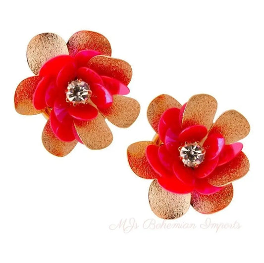 Pink Sequin Flower Earrings - Rhinestone Center