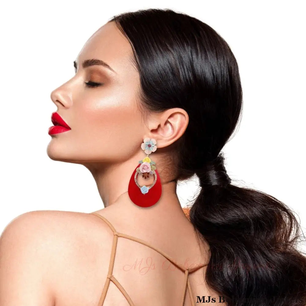 Pink Teardrop Earrings - Rhinestone & Flower