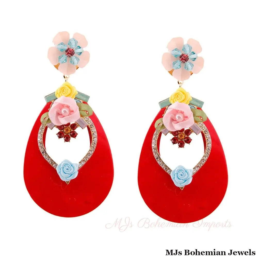 Pink Teardrop Earrings - Rhinestone & Flower