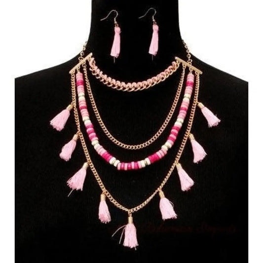 Pink Yarn Tassel Necklace Set