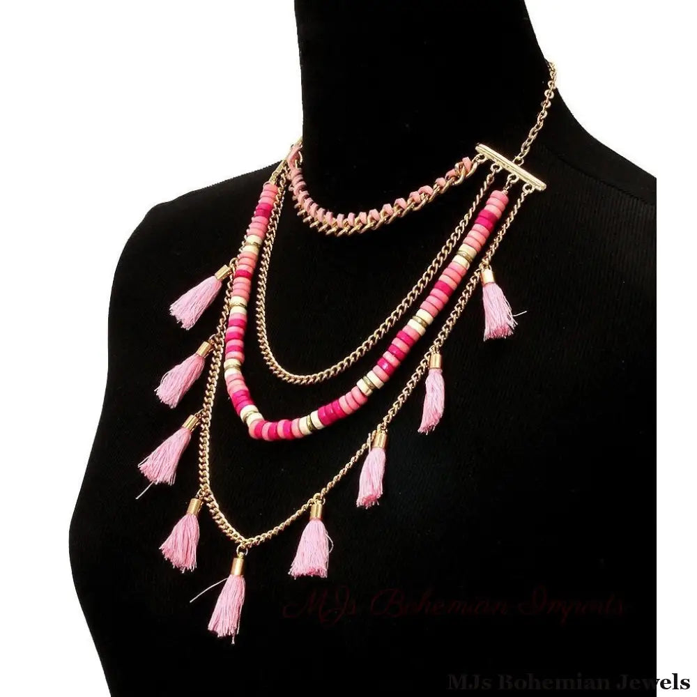 Pink Yarn Tassel Necklace Set
