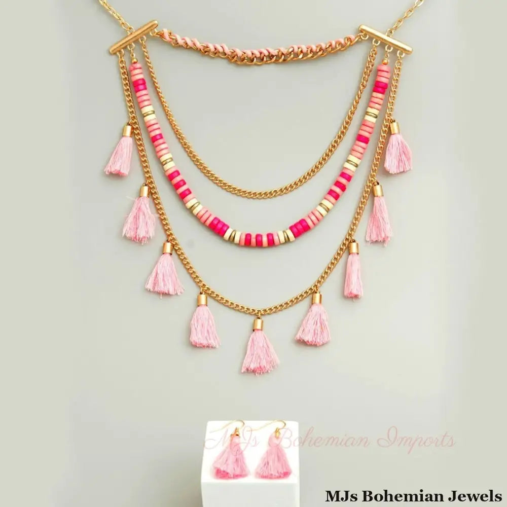 Pink Yarn Tassel Necklace Set