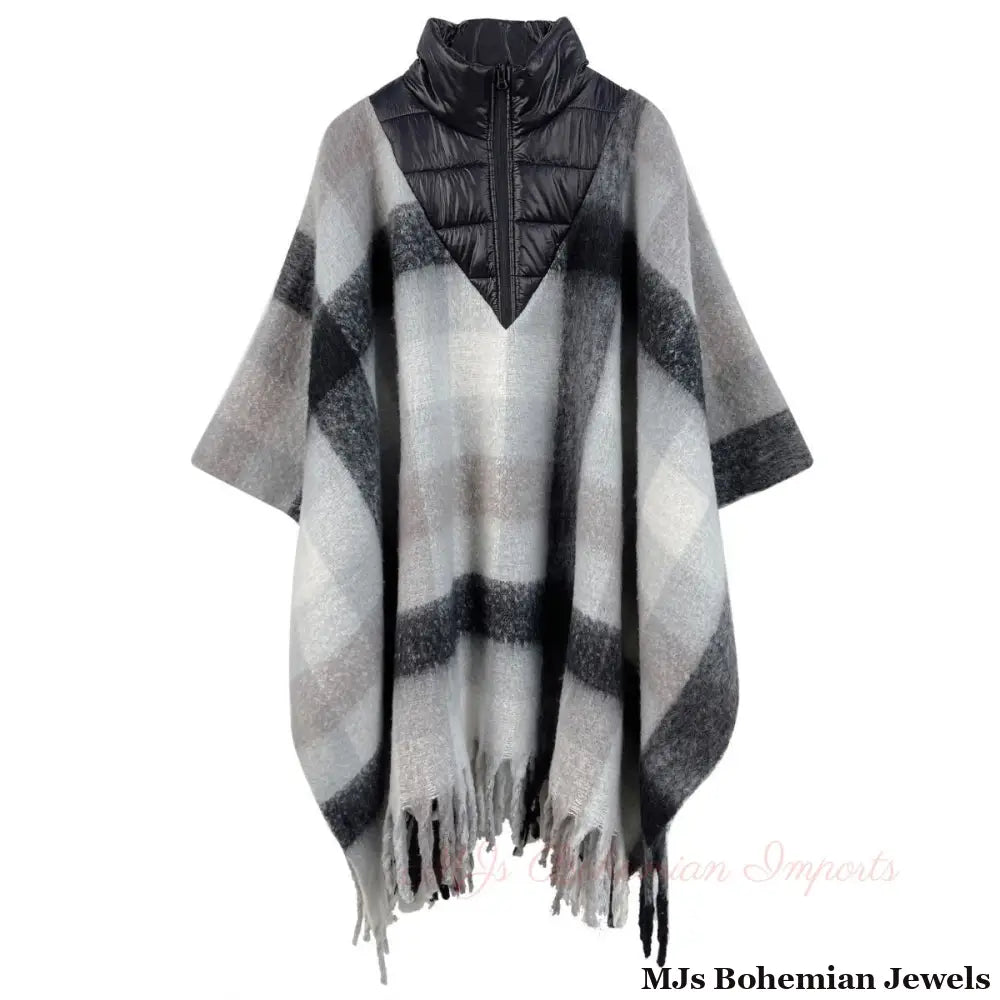 Poly Black Plaid Long Zip Fringe Poncho for Women