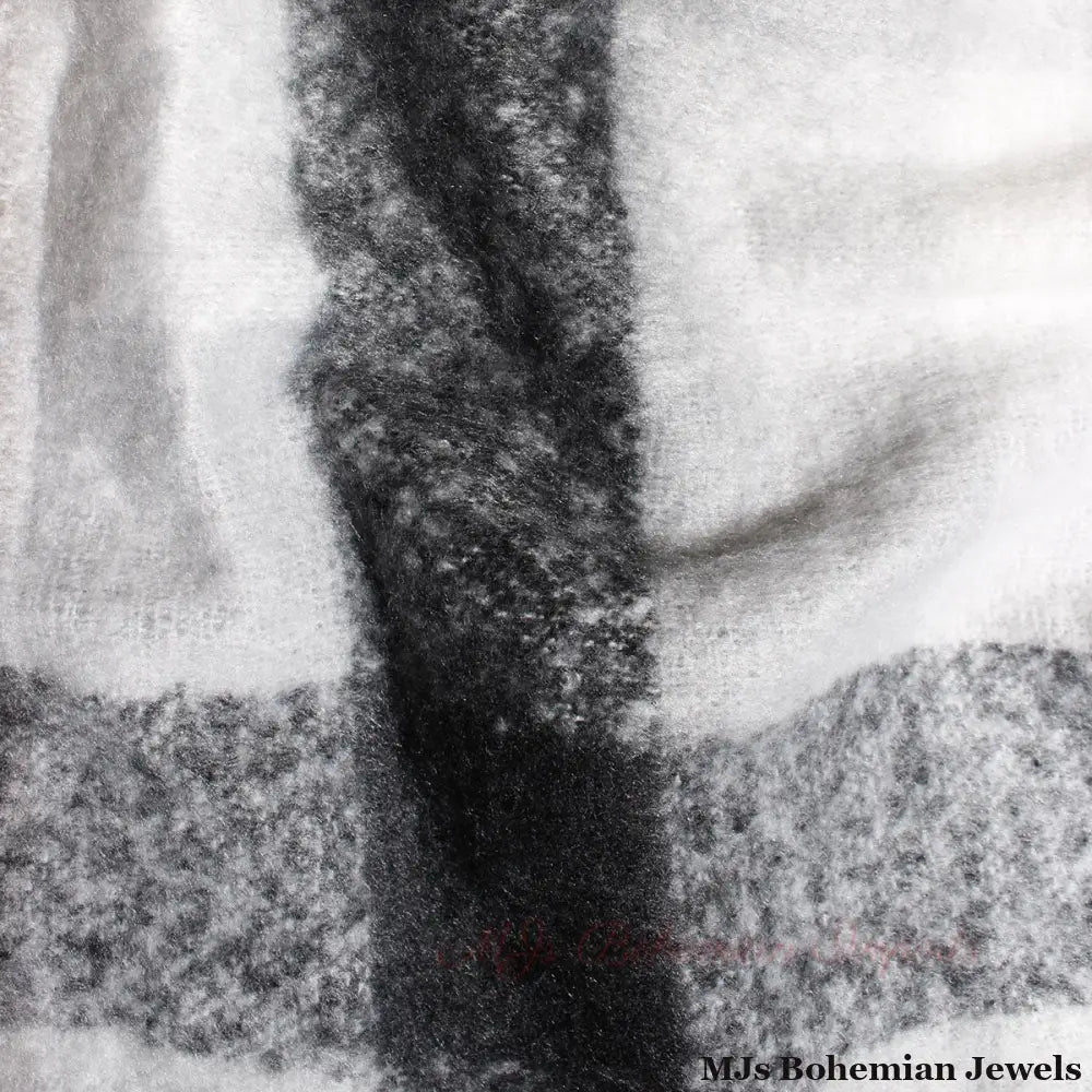 Poly Black Plaid Long Zip Fringe Poncho for Women