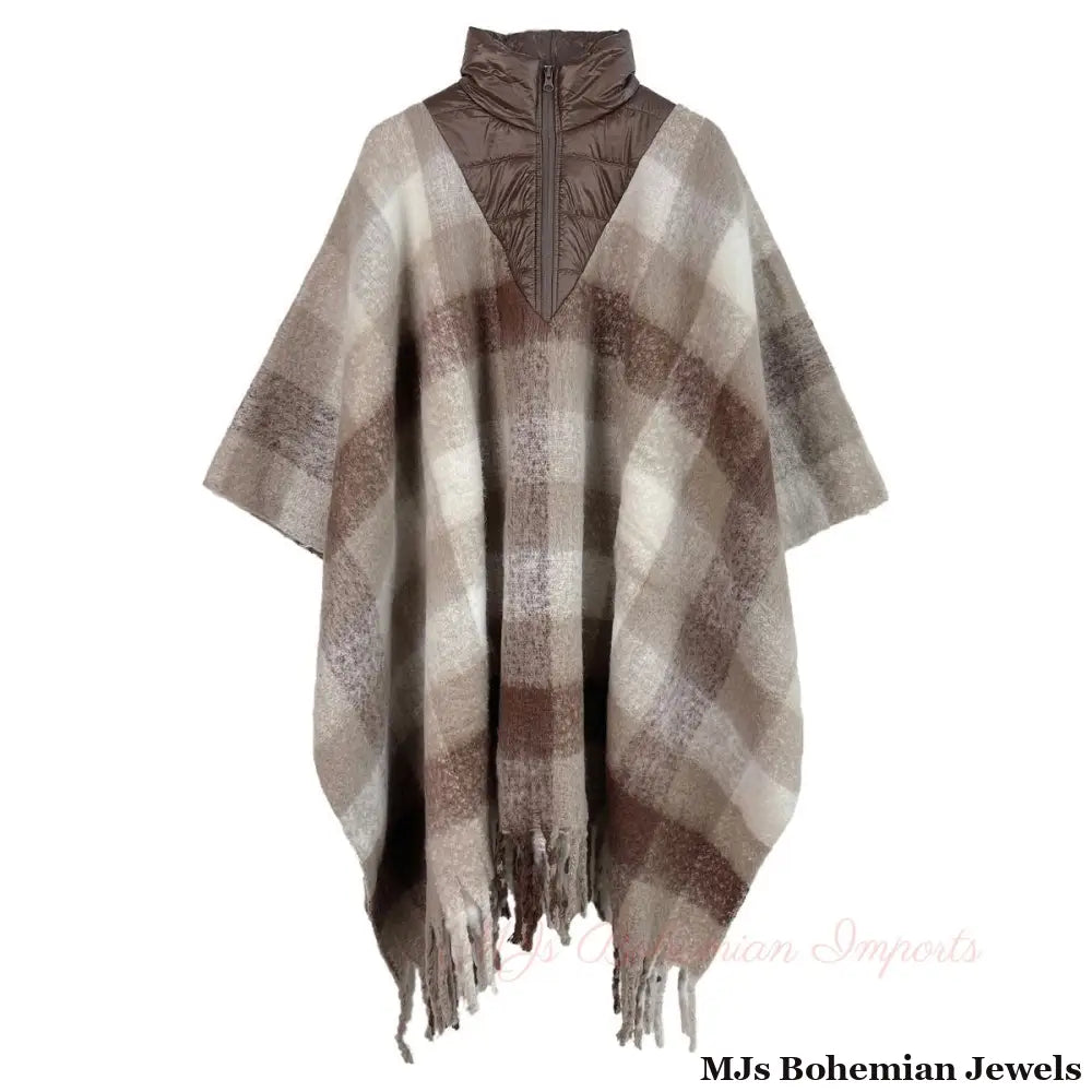 Poly Brown Plaid Long Zip Fringe Poncho for Women