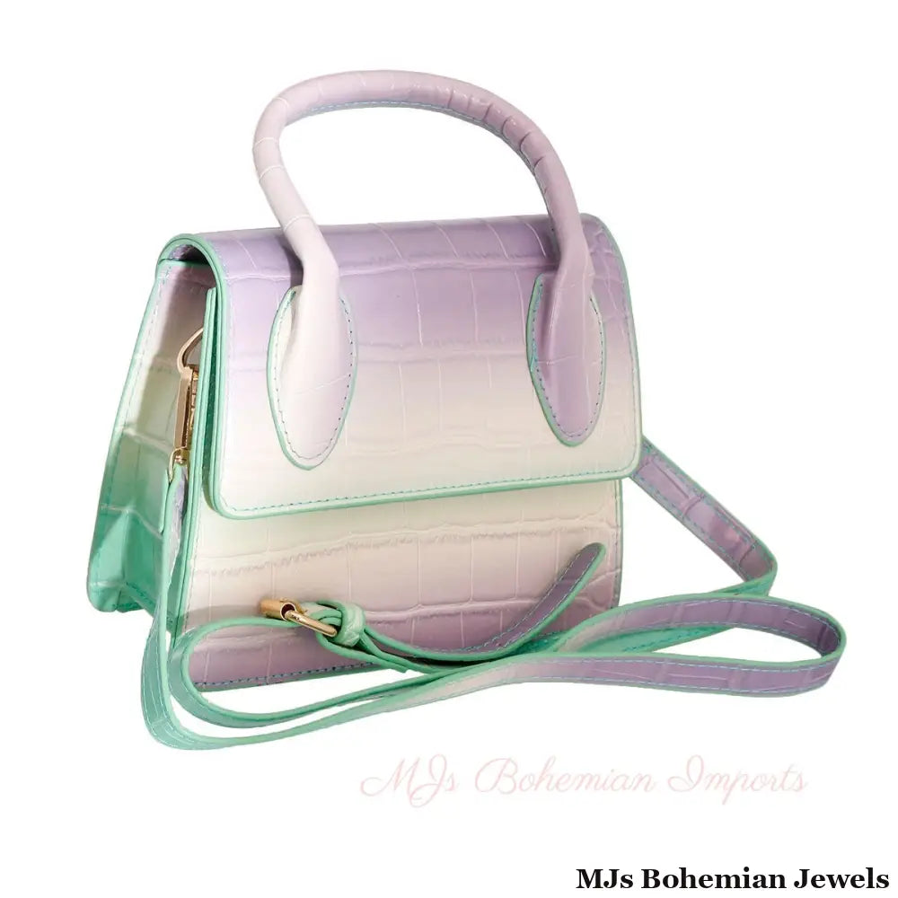 Purple and Green Croc Flap Satchel Handbag