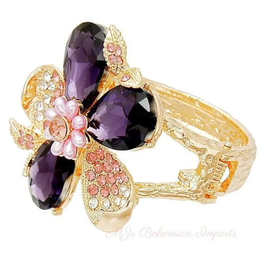 Purple Crystal Floral Leaf Cuff