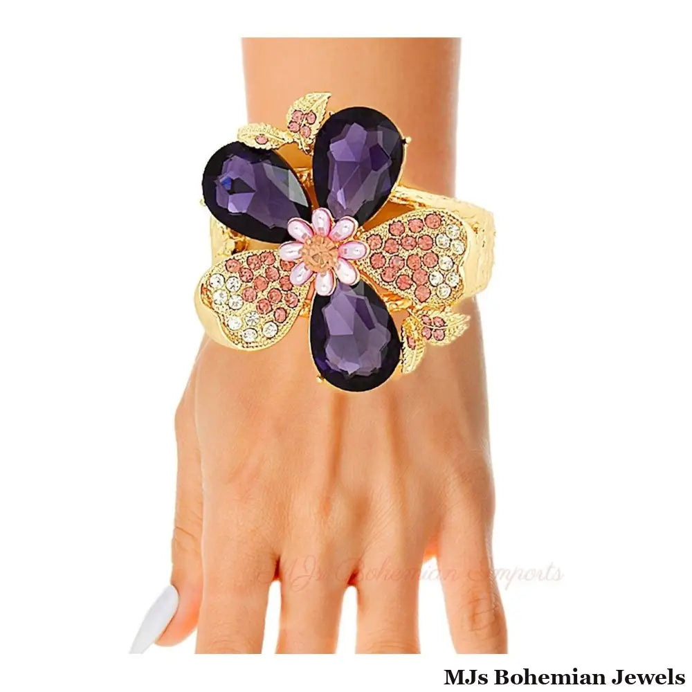 Purple Crystal Floral Leaf Cuff