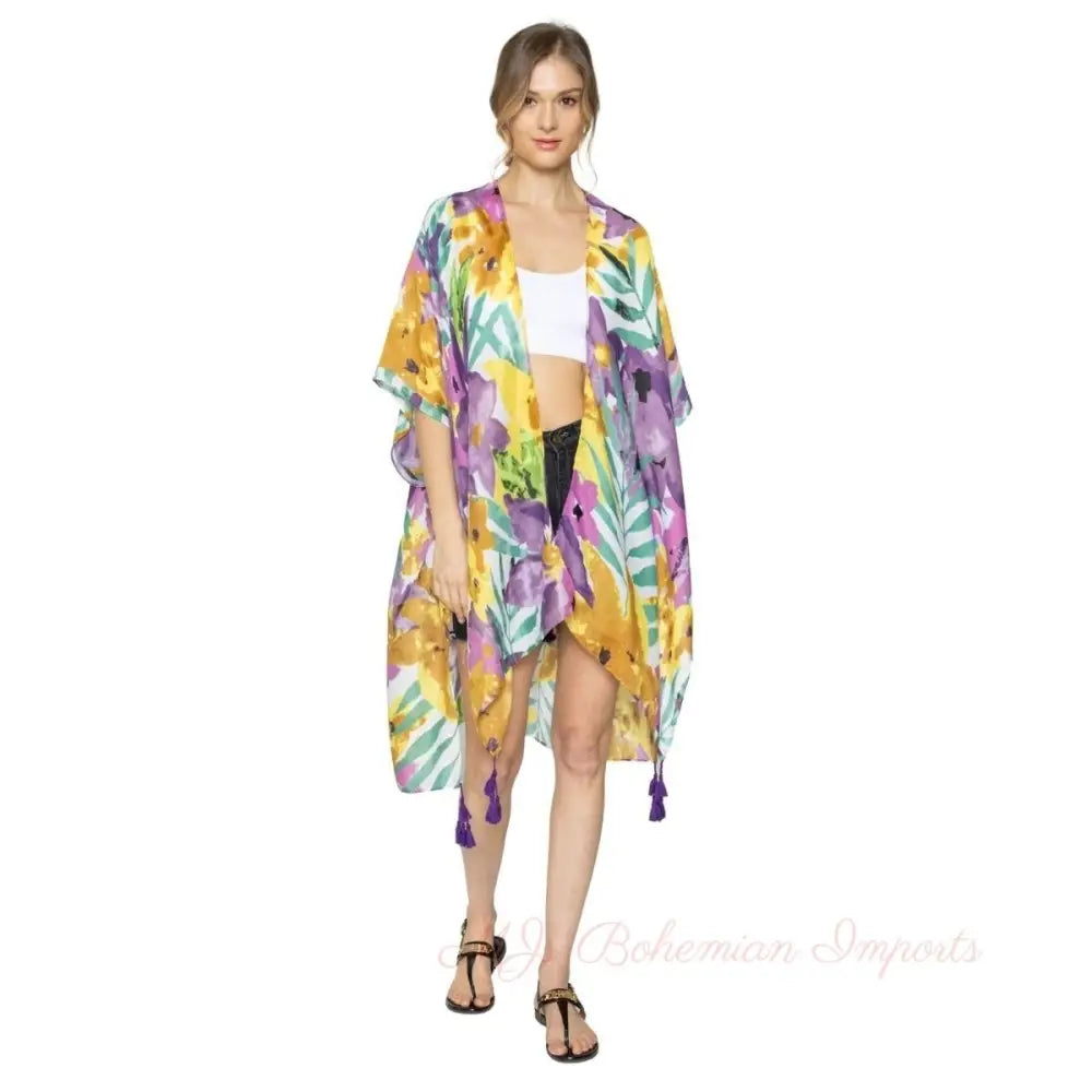 Purple Floral Watercolor Tassel Kimono