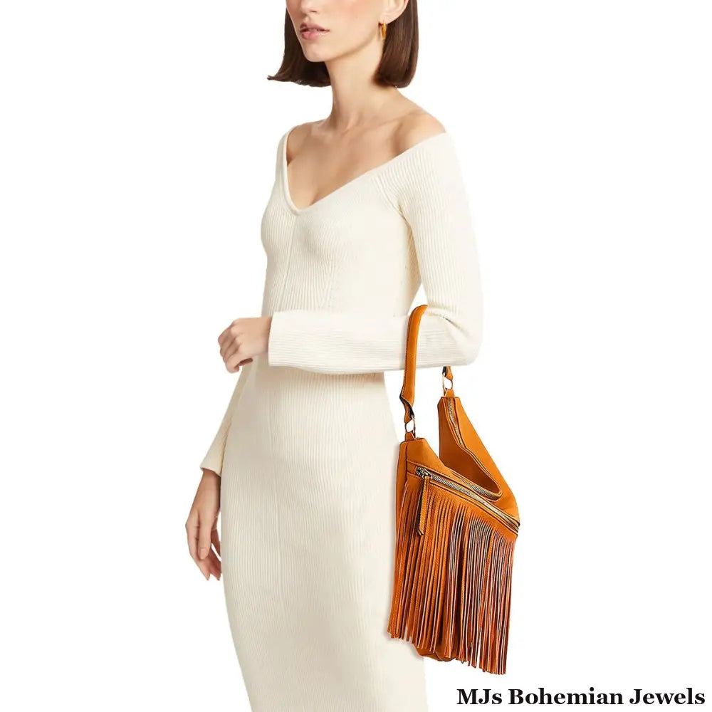 Purse Mustard Diagonal Fringe Hobo Bag for Women