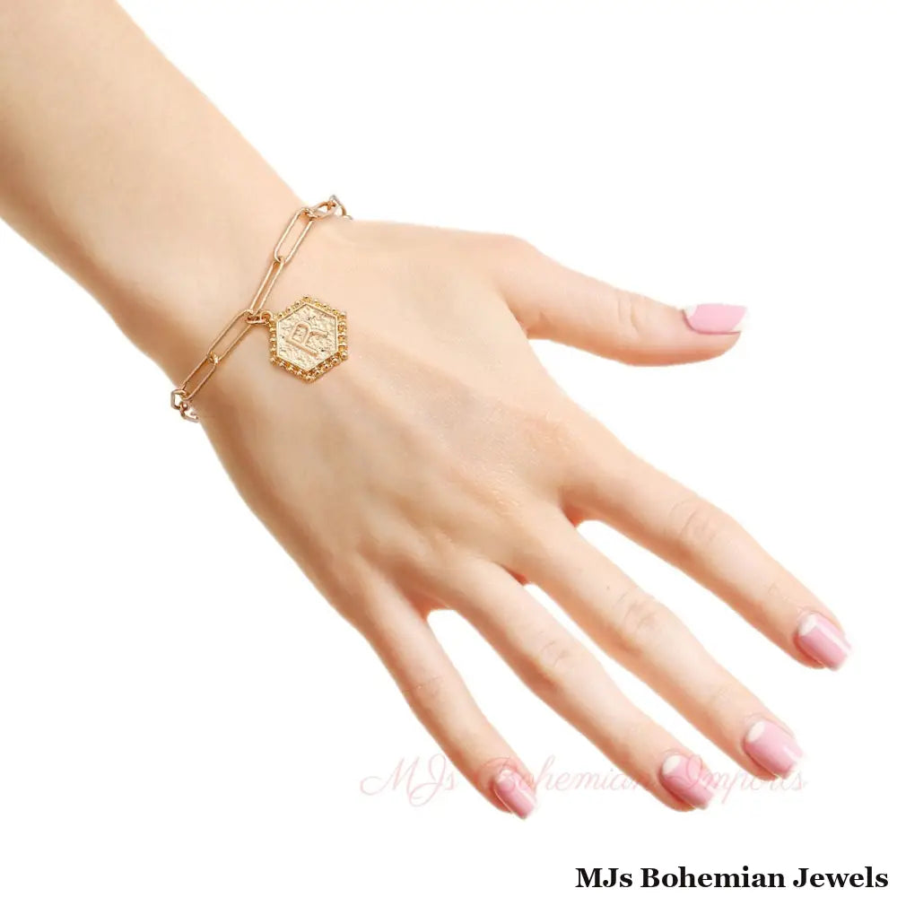 R Hexagon Initial Charm Bracelet