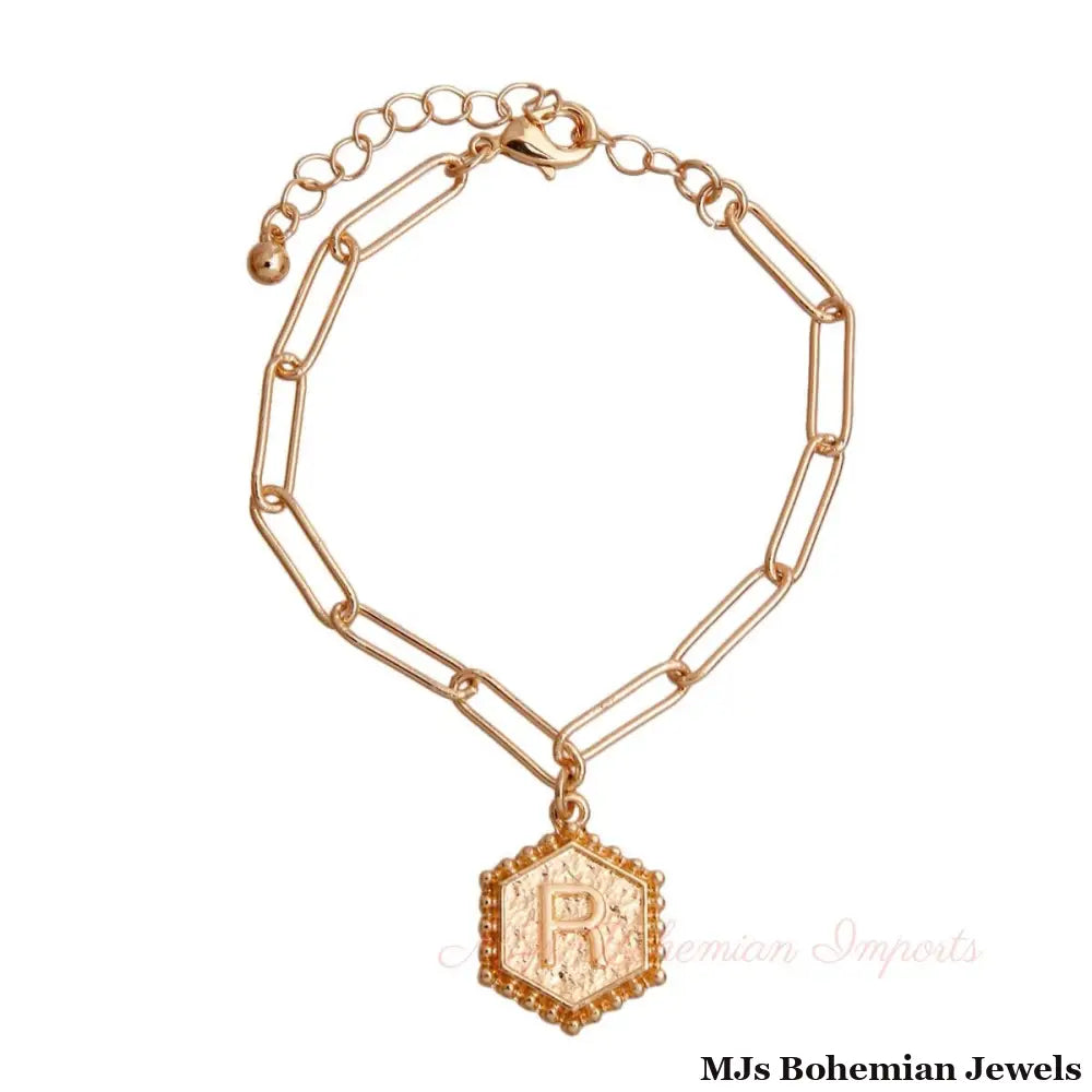 R Hexagon Initial Charm Bracelet