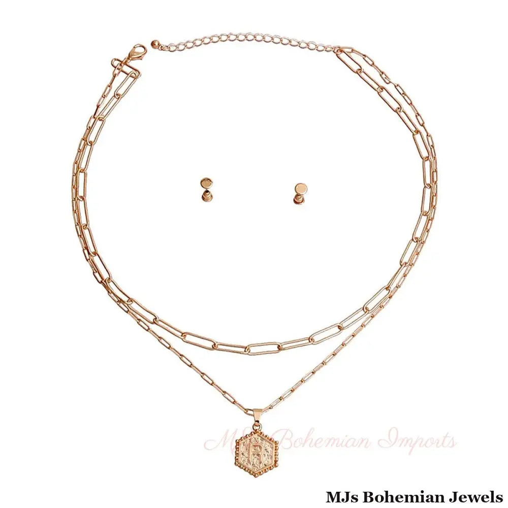 R Hexagon Initial Charm Necklace