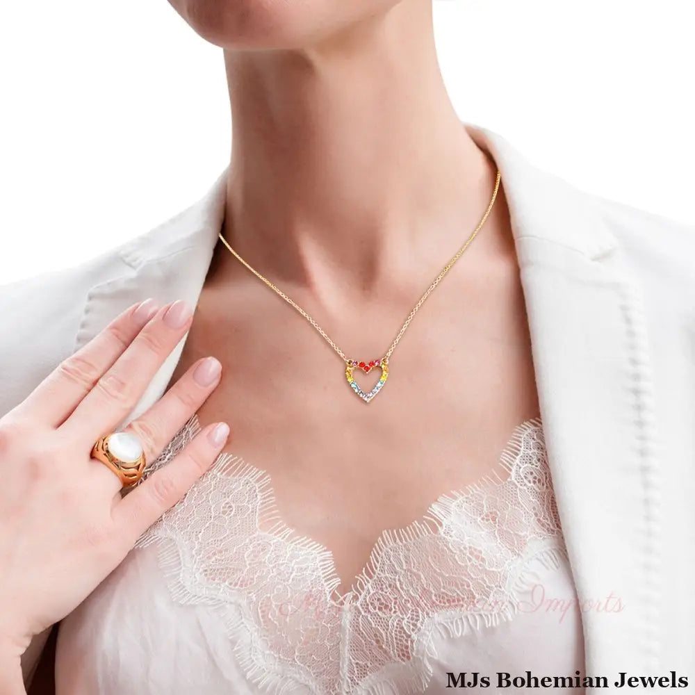 Rainbow Heart Gold Chain Necklace