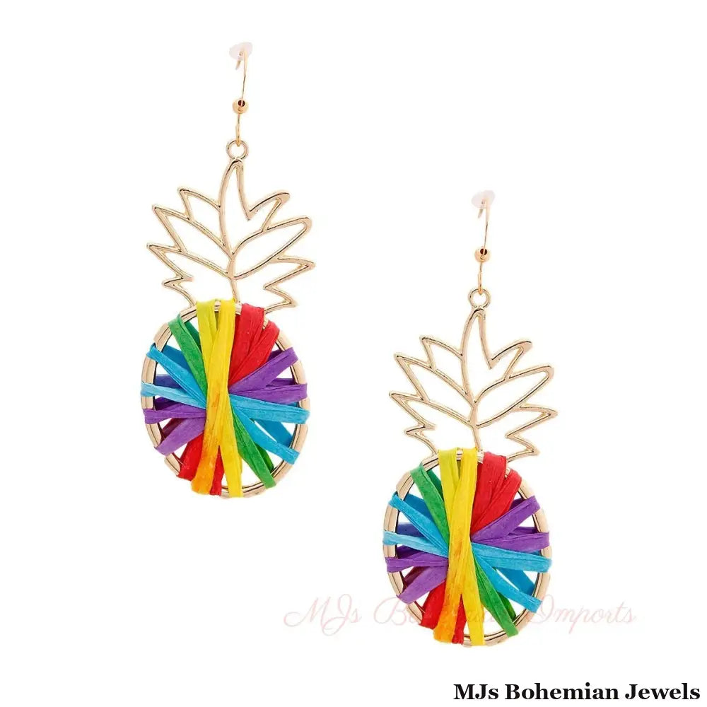 Rainbow Raffia Pineapple Earrings