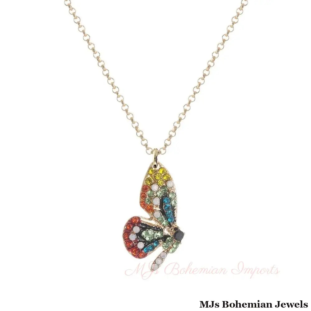 Rainbow Rhinestone Butterfly Wing Necklace