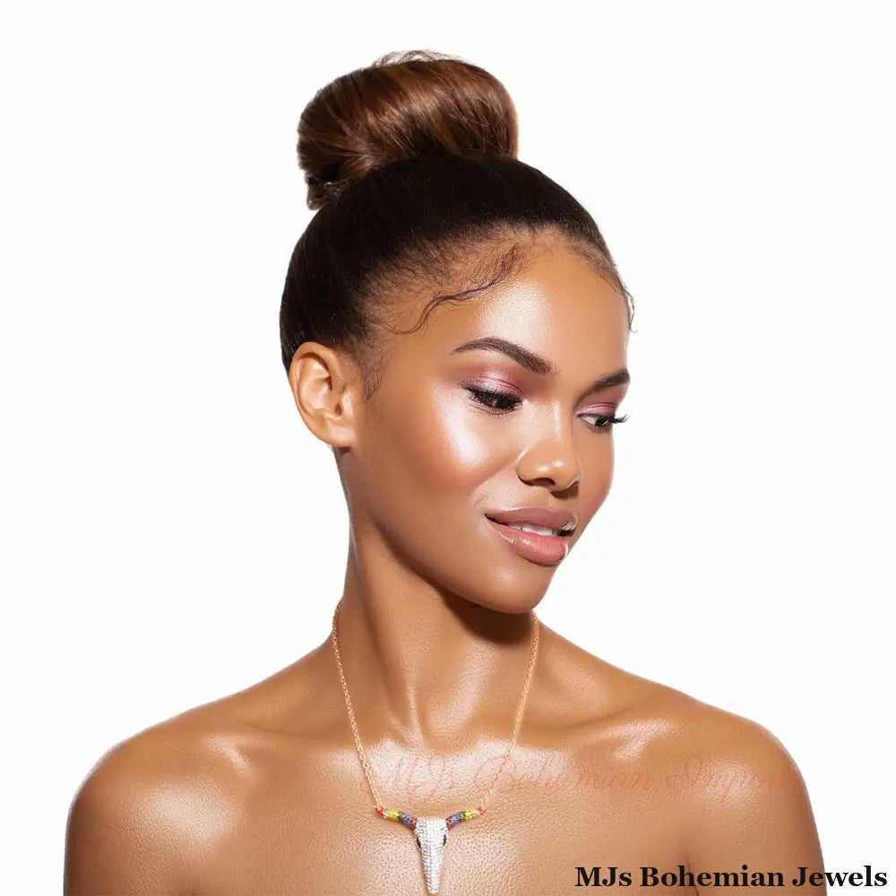 Rainbow Rhinestone Steer Necklace