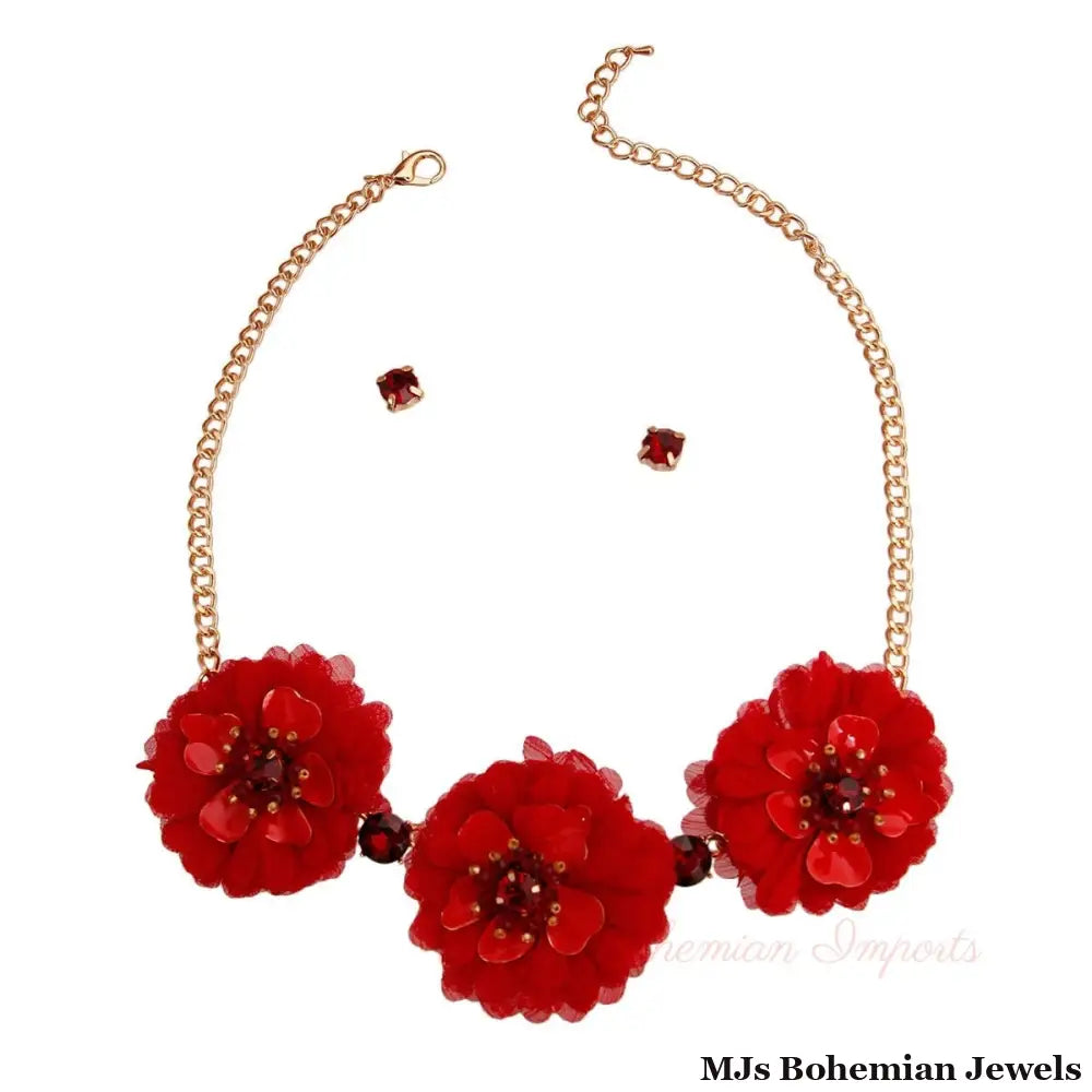 Red Fabric Flower Necklace Set