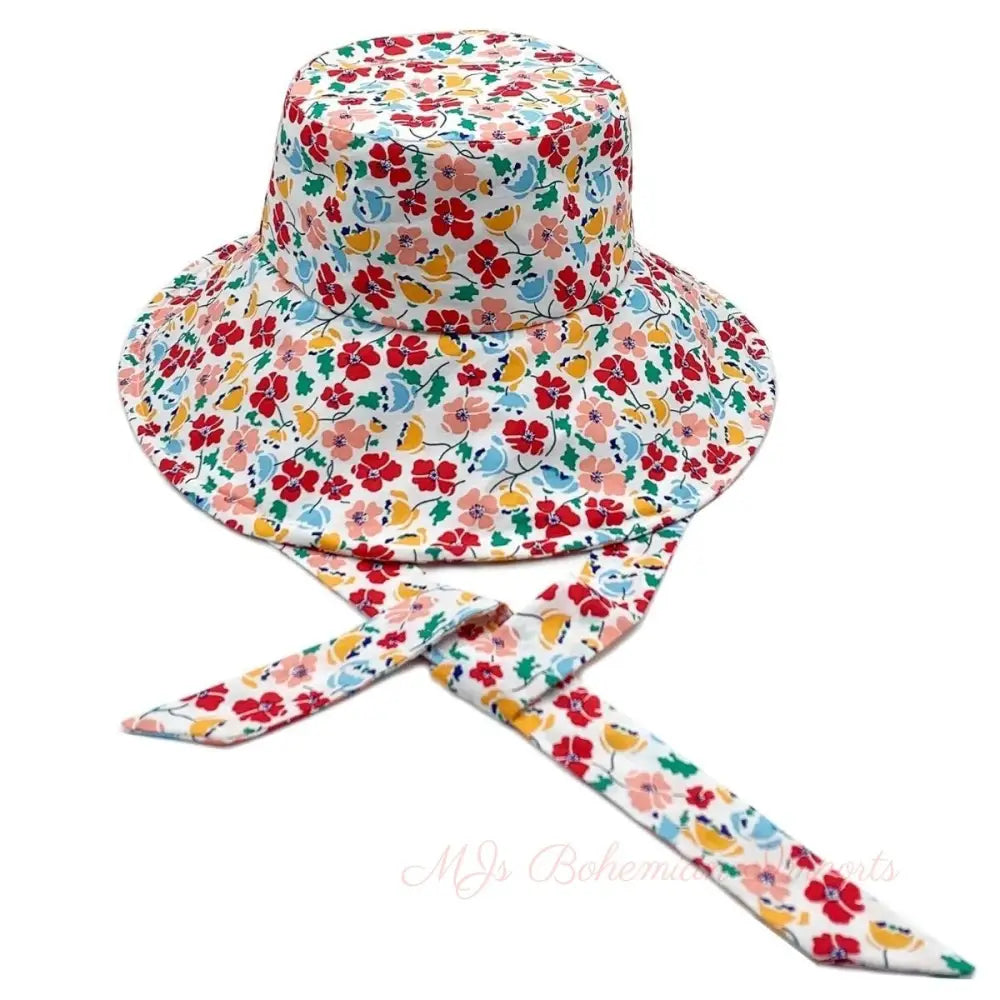 Red Floral Chin Tie Bucket Hat