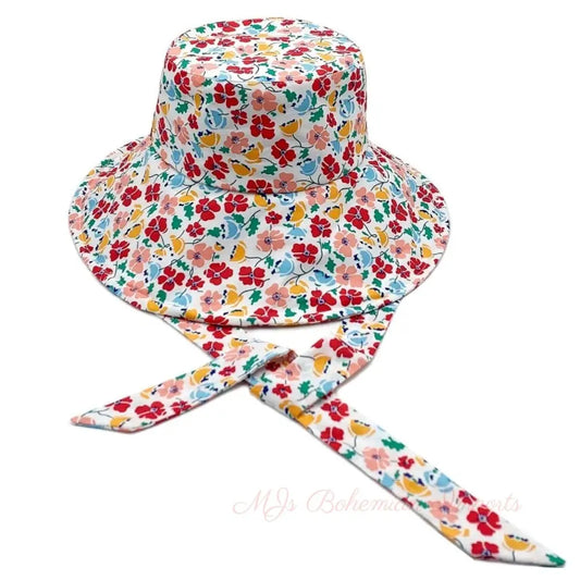 Red Floral Chin Tie Bucket Hat
