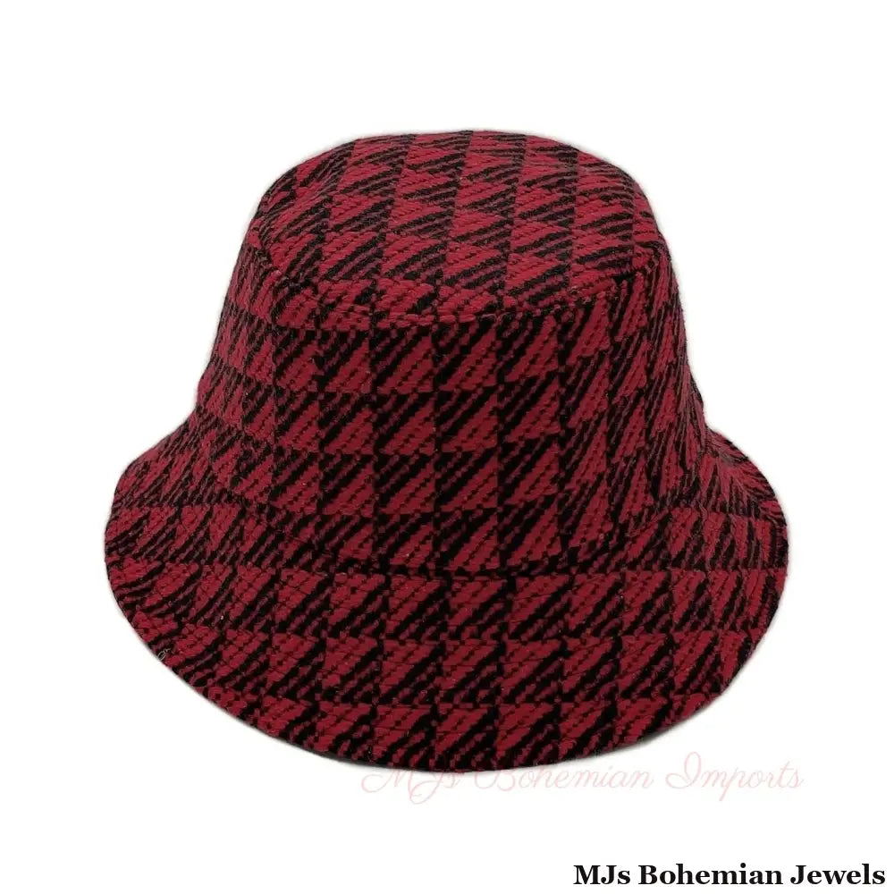 Red Geo Pattern Topstitch Bucket Hat