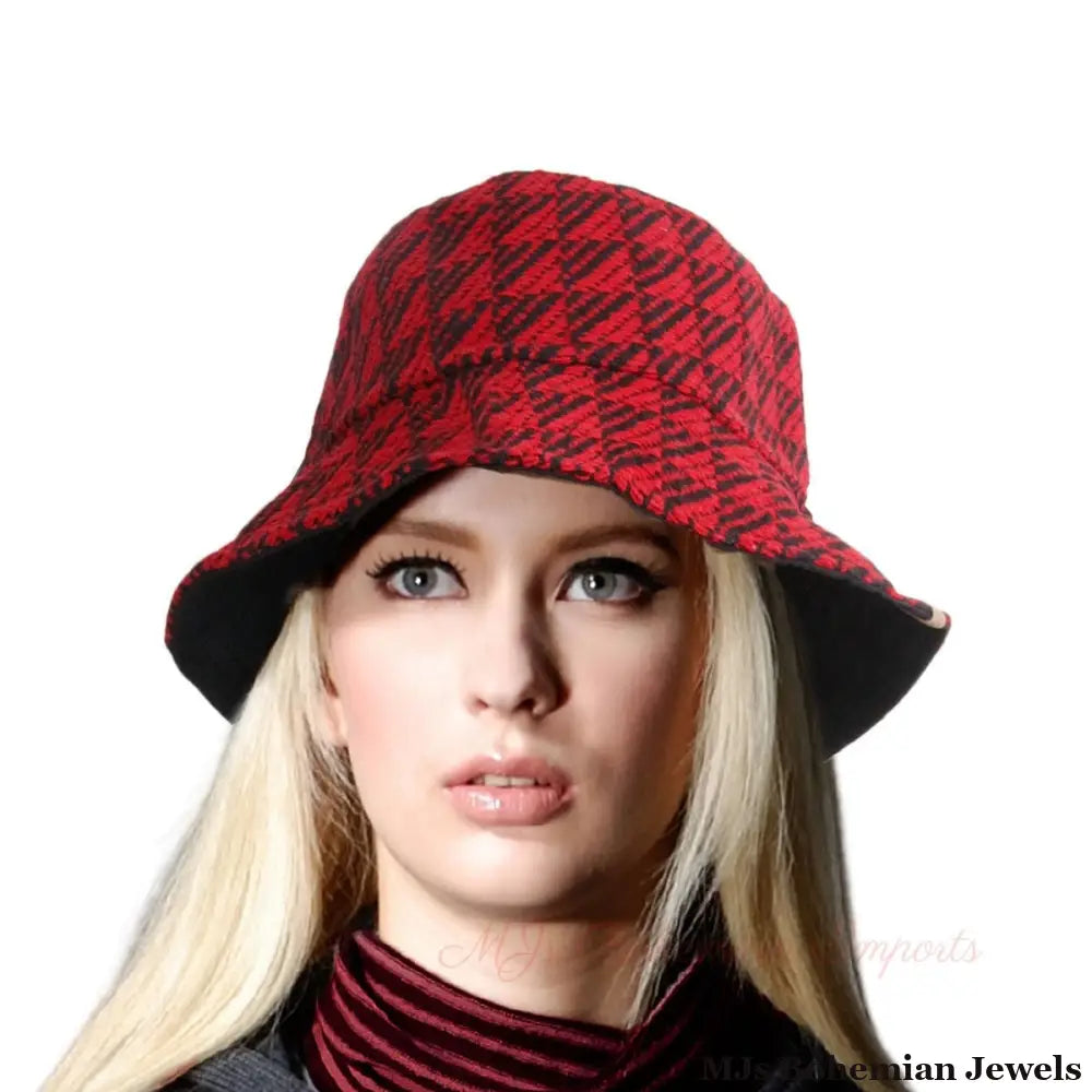Red Geo Pattern Topstitch Bucket Hat
