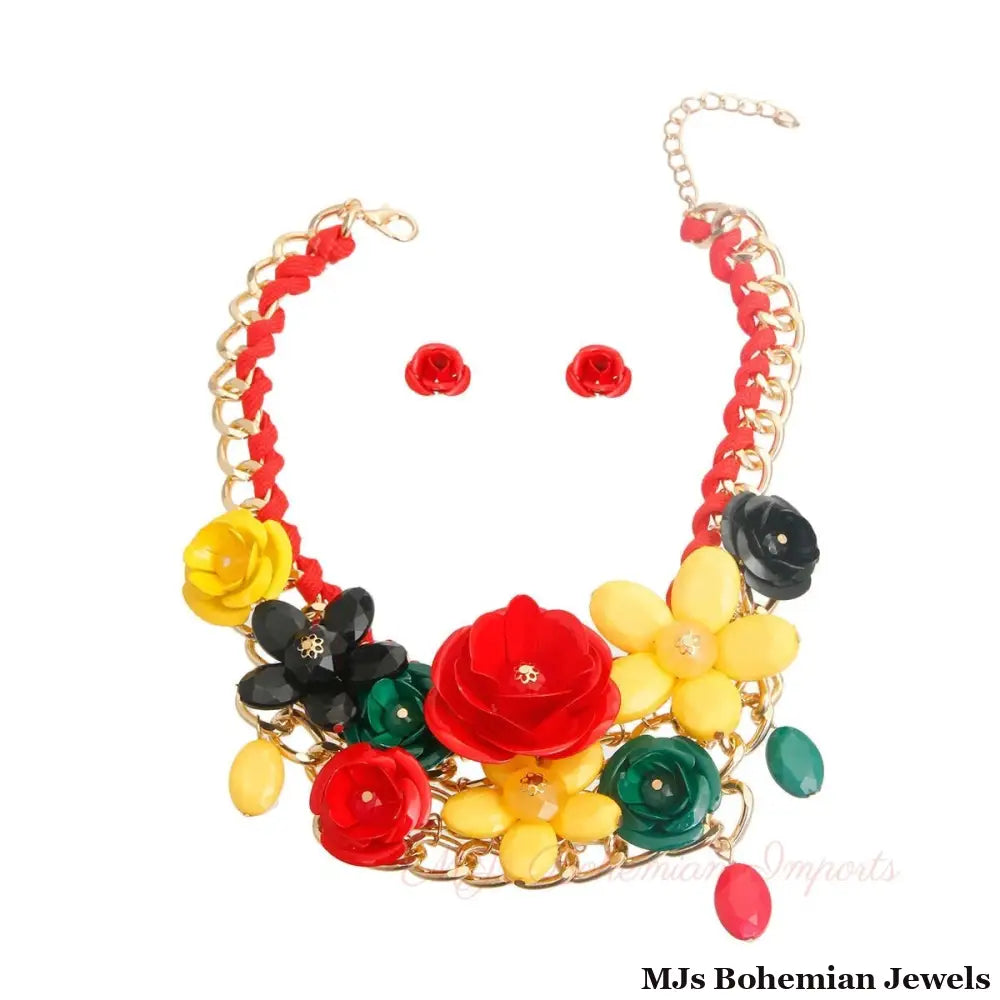 Red, Green, and Yellow Chunky Rose Necklace