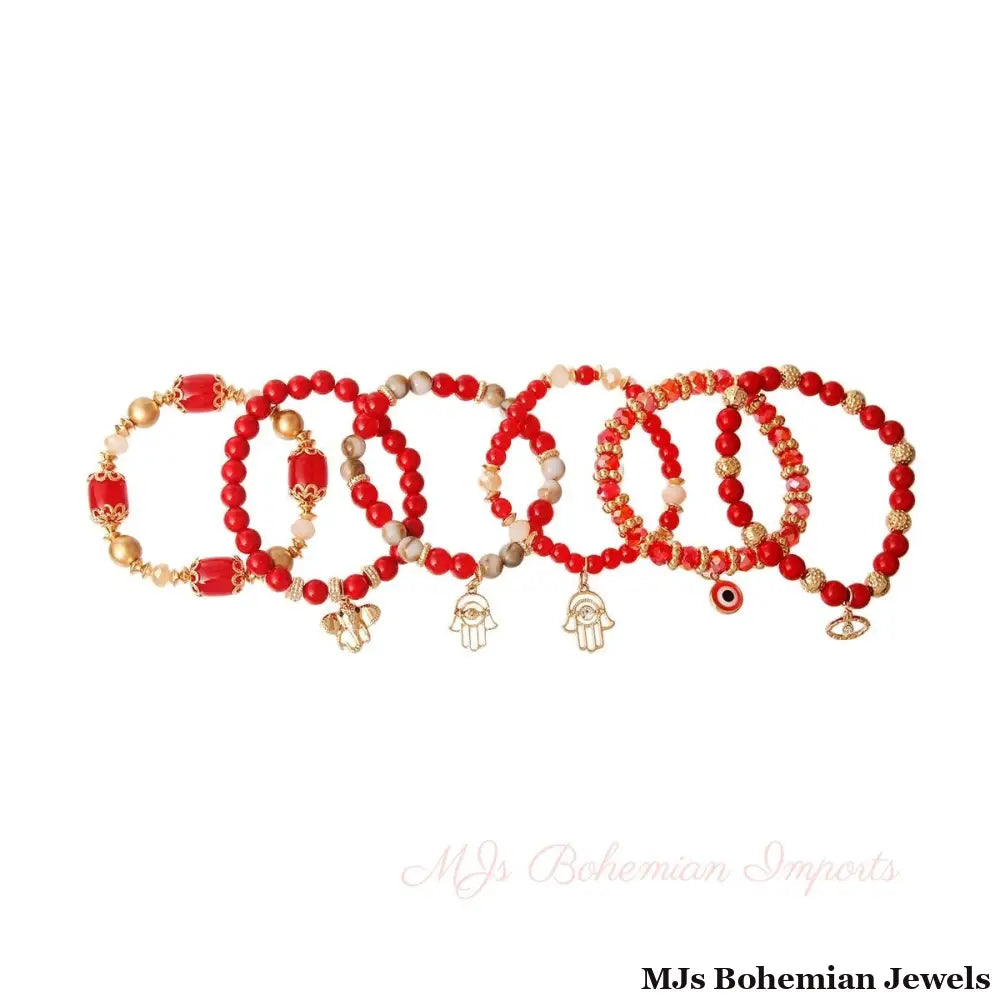 Red Hamsa Elephant Bracelet Set