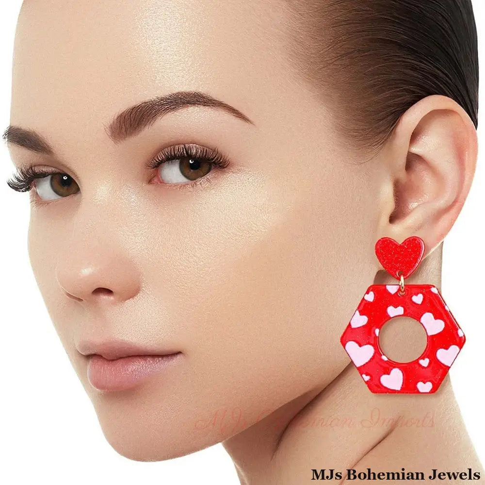 Red Hexagon Heart Earrings