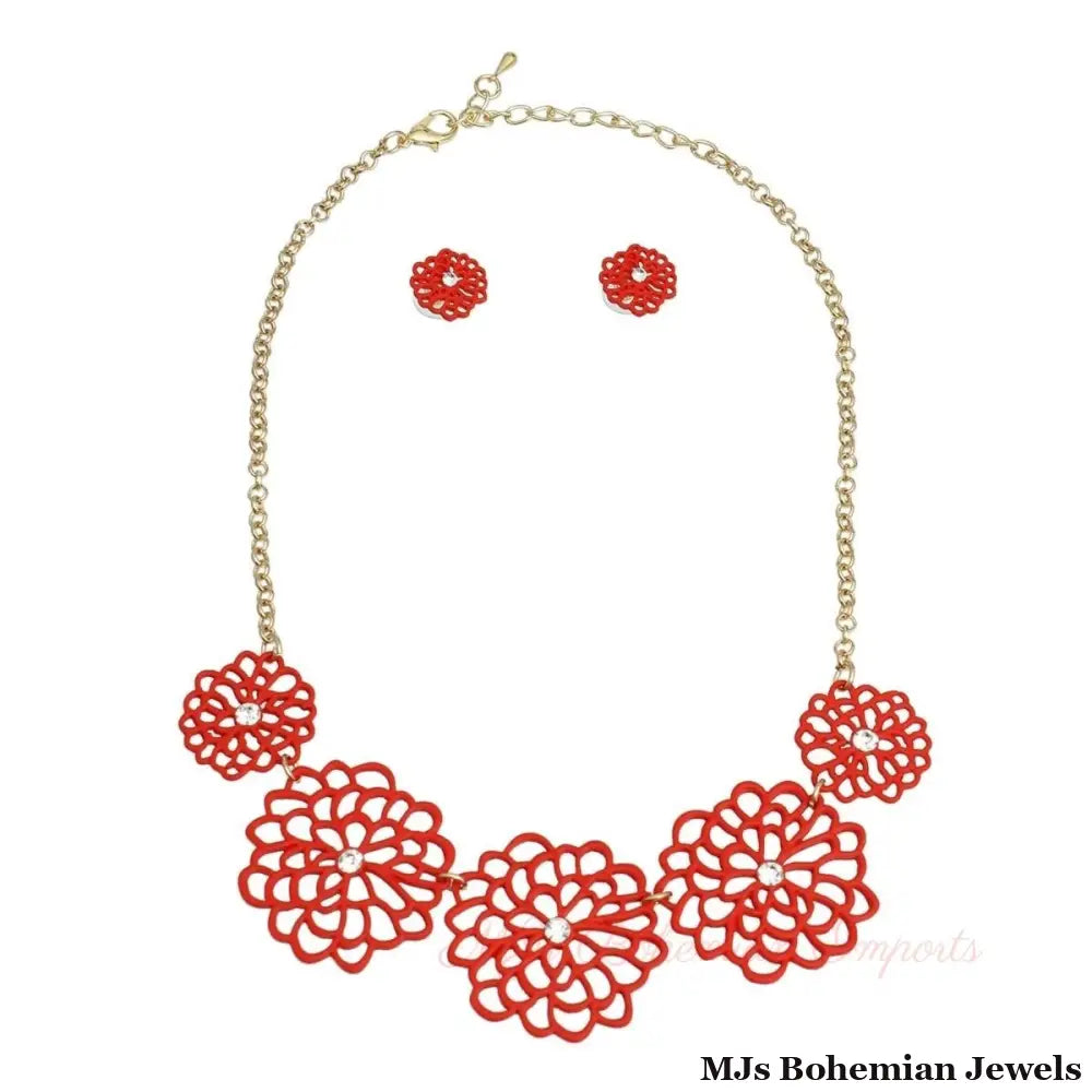 Red Matte Metal Cut Out Flower Necklace