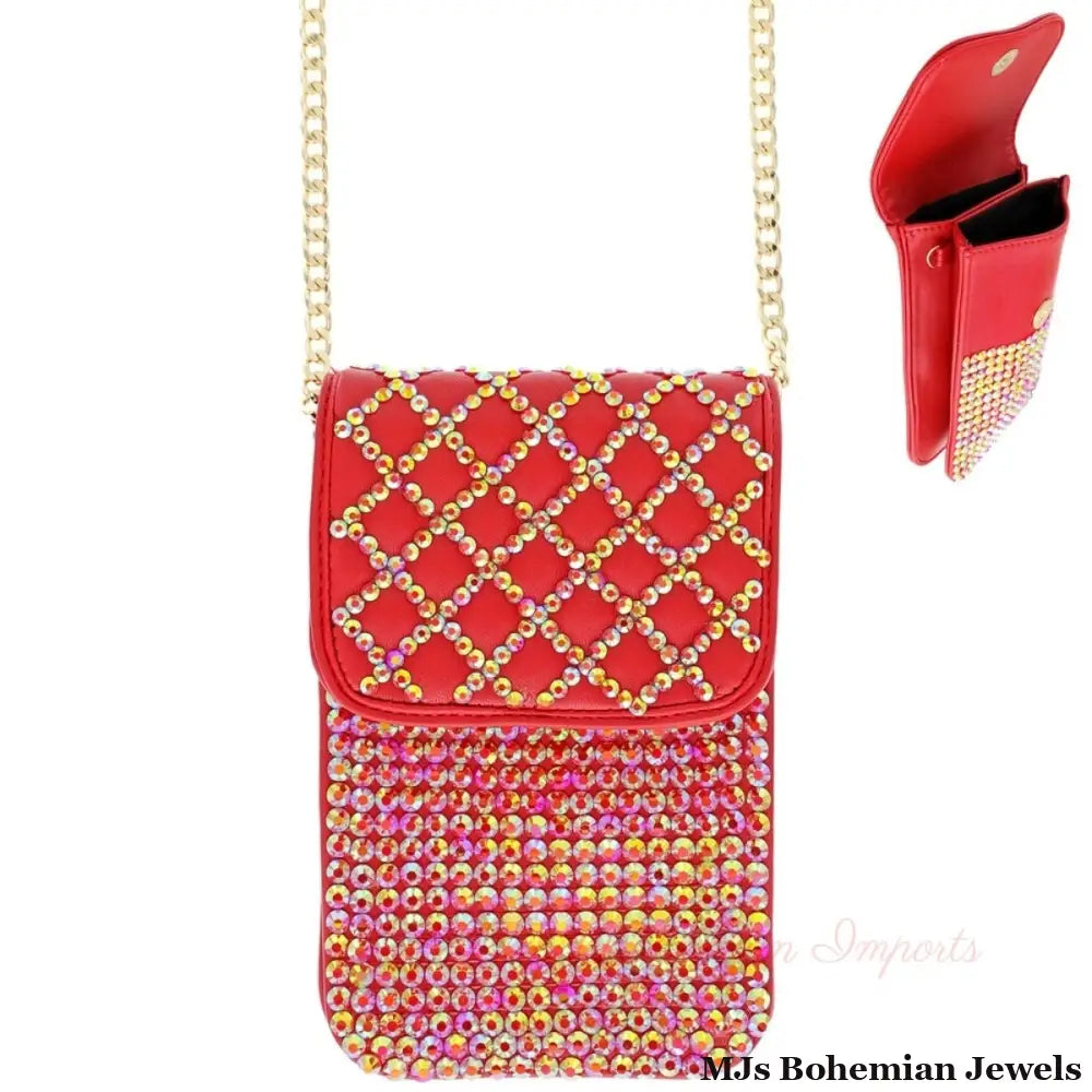 Red Quilted Rhinestone Cellphone Bag