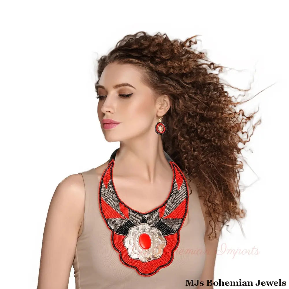 Red & Silver Beaded Bib Set