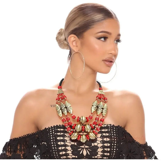 Red Stone Engraved Gold Necklace