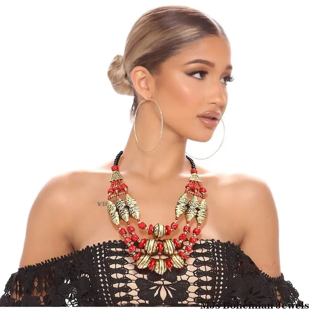 Red Stone Engraved Gold Necklace