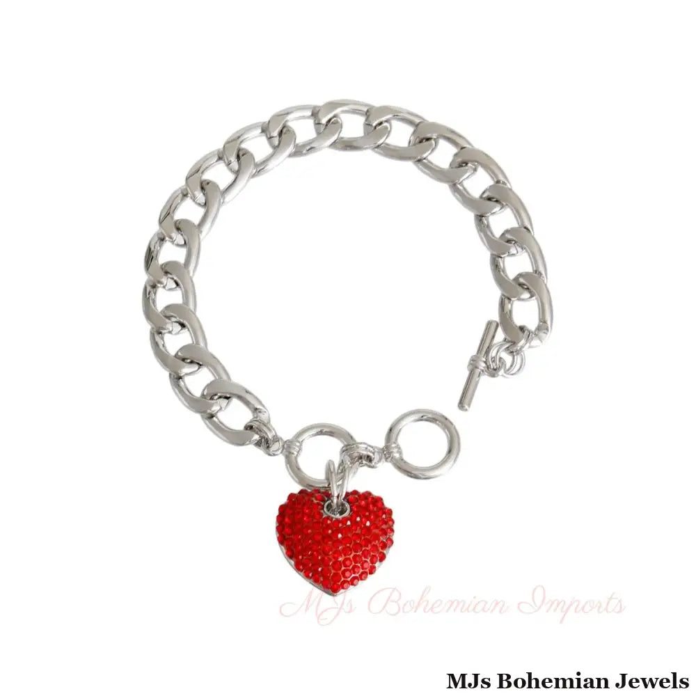 Red Stone Heart Silver Bracelet