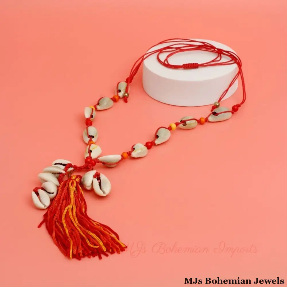 Red String and Cowrie Shell Long Tassel Necklace