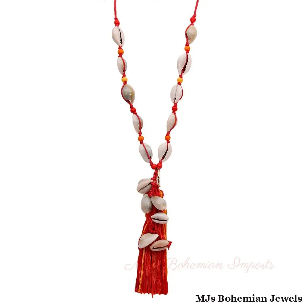 Red String and Cowrie Shell Long Tassel Necklace