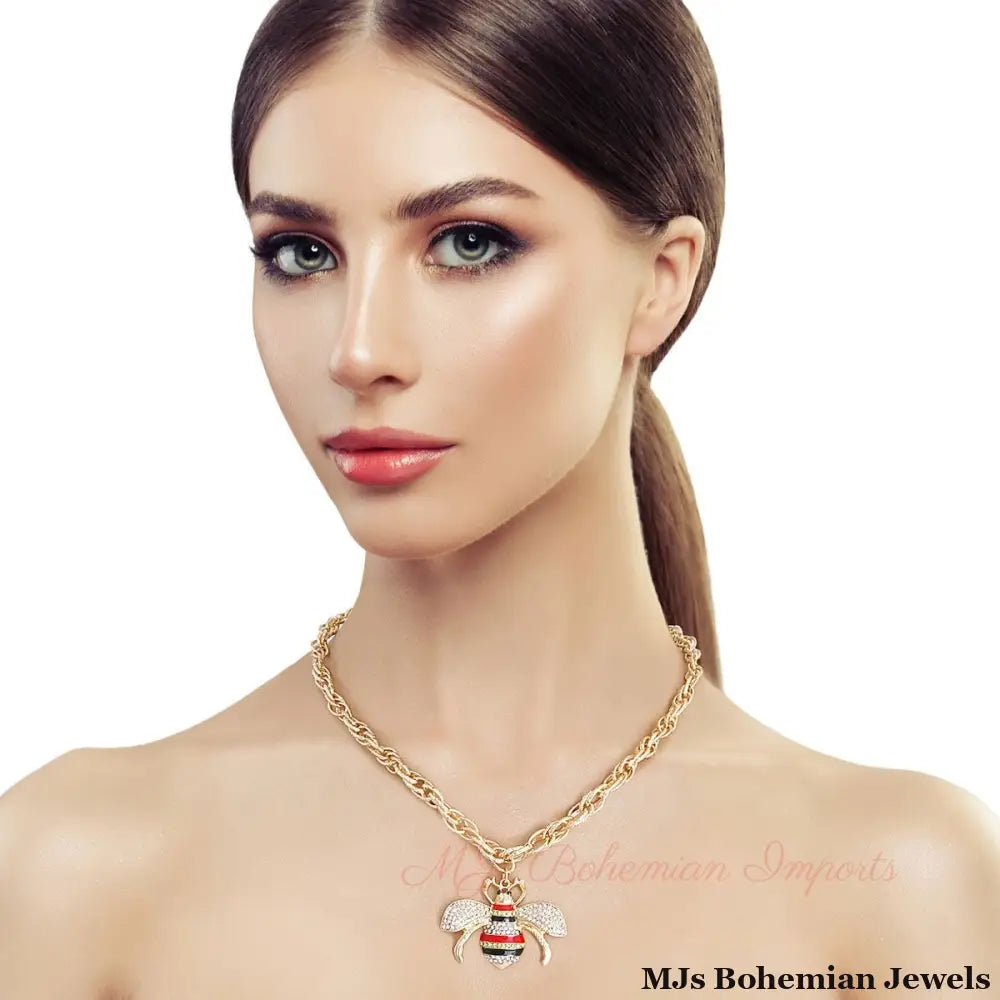 Red Striped Bee Chain Link Necklace