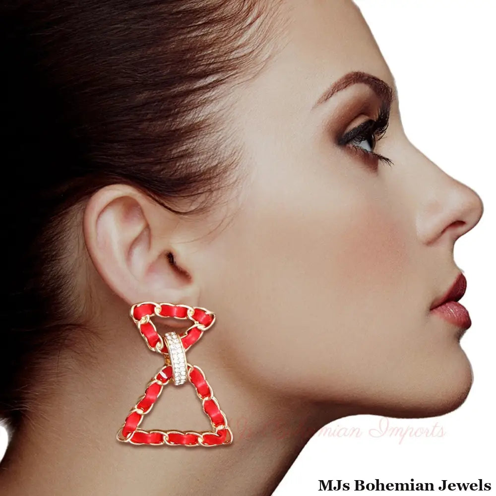 Red Woven Gold Triangle Earrings