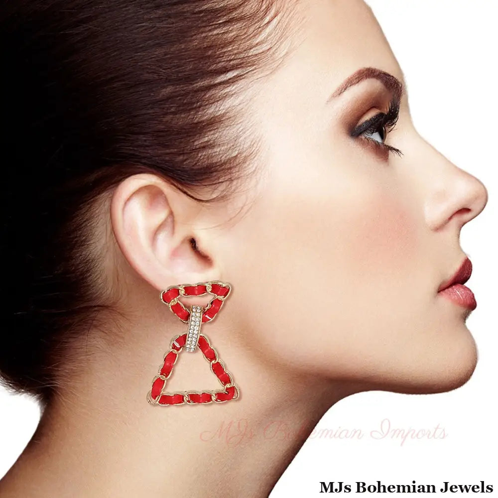Red Woven Gold Triangle Earrings