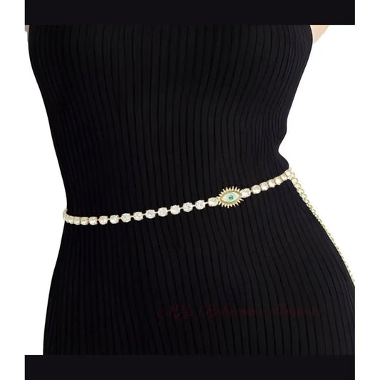 Rhinestone Belt Gold Evil Eye Chain Belt for Women