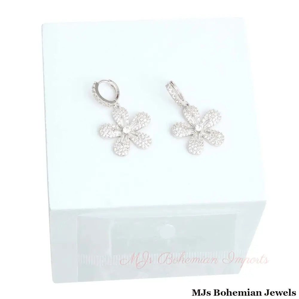 Rhodium Plated CZ Flower Huggie Hoops