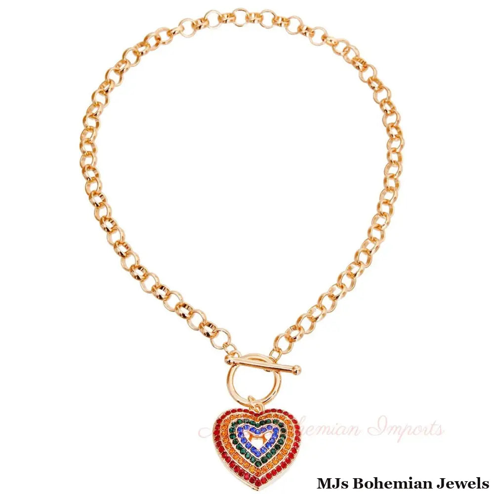 Round Link Multi Color Heart Toggle Necklace