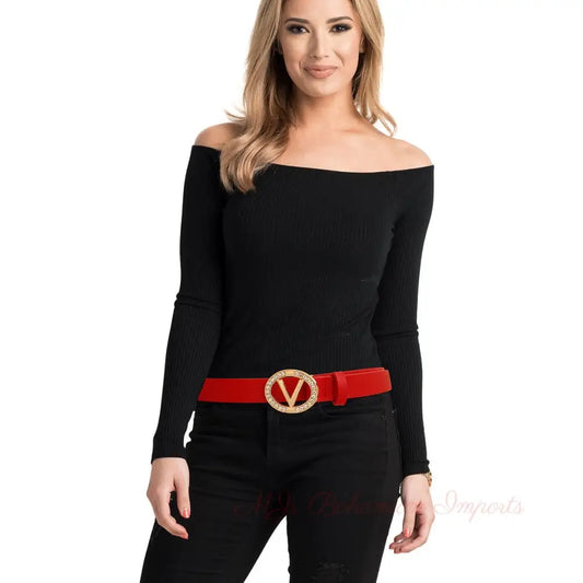 Ruby Red Radiance: Rhinestone V Belt