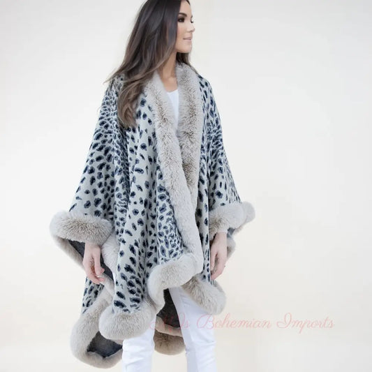 Shawl Cape Ruana Beige Cheetah Fur Wrap for Women